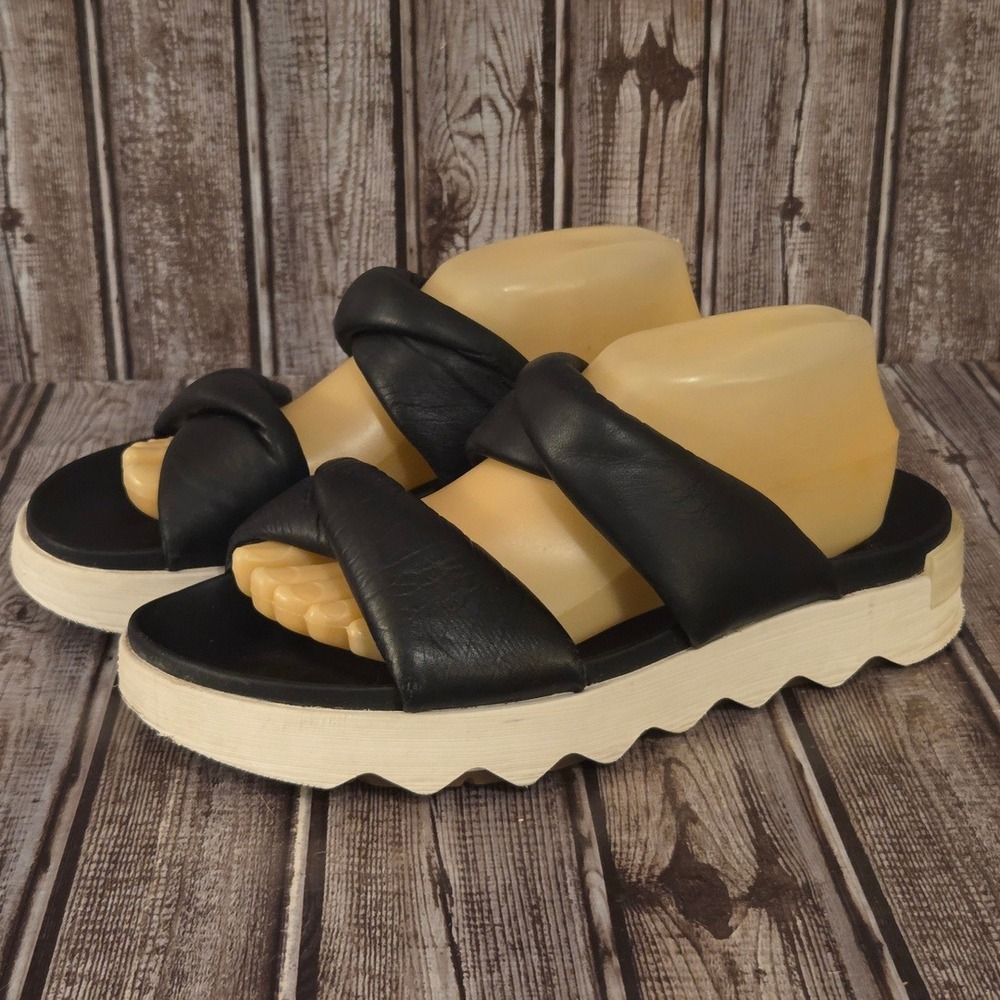 Sz 10.5‎ Womens Sorel Kinetic Impact II Black Leather Puffy Slides Sandals VGUC